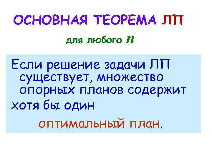 ОСНОВНАЯ ТЕОРЕМА ЛП для любого n Если решение задачи ЛП существует, множество опорных планов