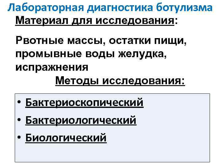 Лабораторная диагностика ботулизма Материал для исследования: Рвотные массы, остатки пищи, промывные воды желудка, испражнения