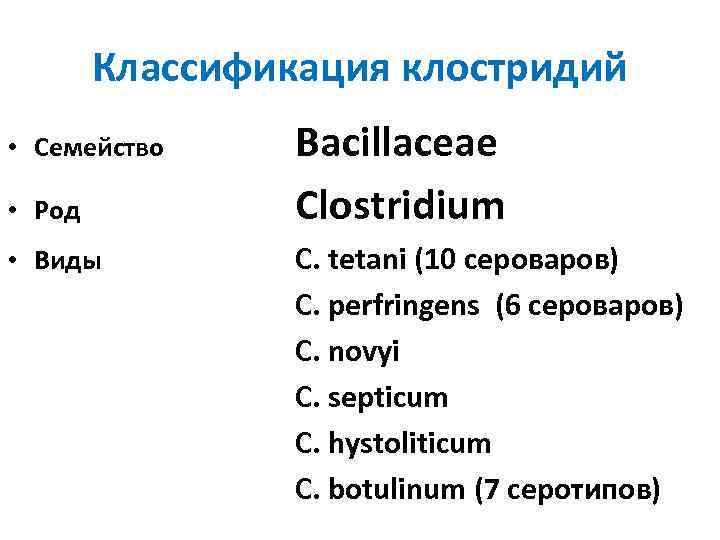 Классификация клостридий • Семейство • Род • Виды Bacillaceae Clostridium C. tetani (10 сероваров)