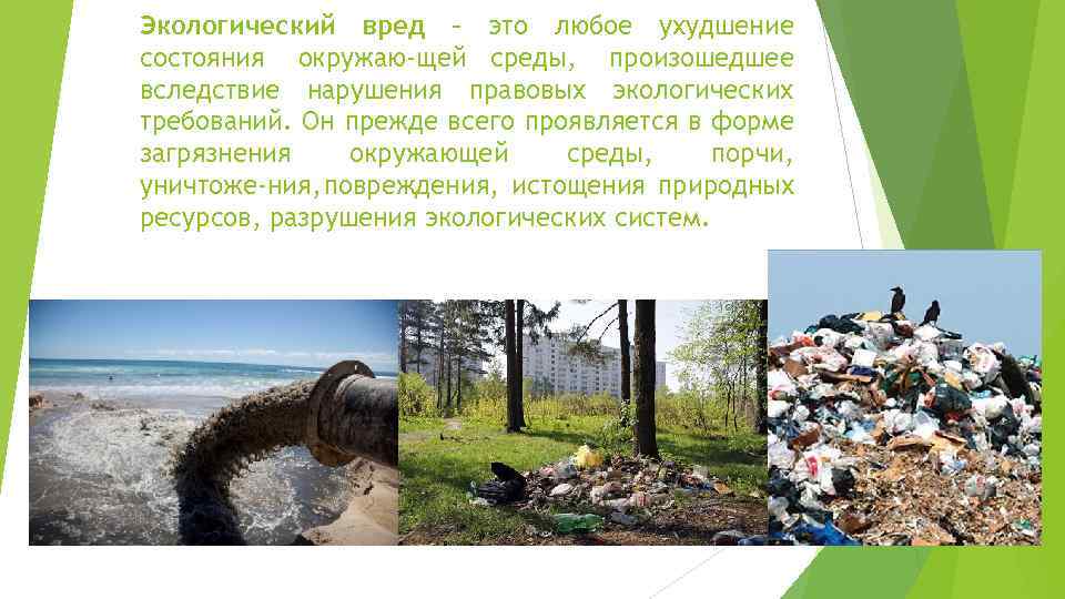 Экологический вред – это любое ухудшение состояния окружаю щей среды, произошедшее вследствие нарушения правовых