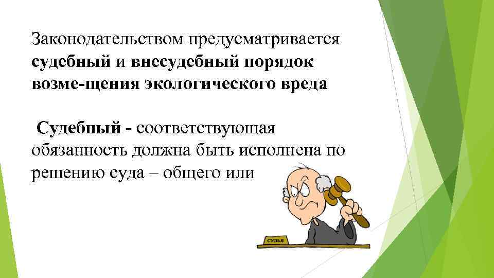 Законодательством предусматривается судебный и внесудебный порядок возме щения экологического вреда. Судебный соответствующая обязанность должна