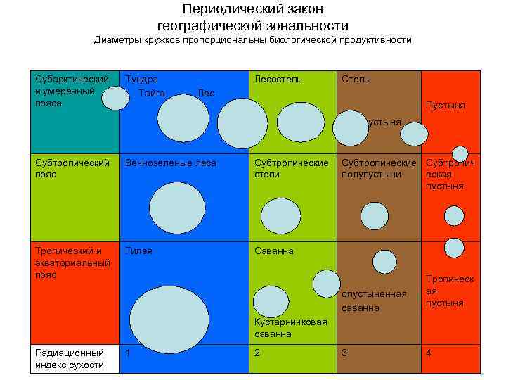 Периодический закон географической зональности Диаметры кружков пропорциональны биологической продуктивности Субарктический и умеренный пояса Тундра