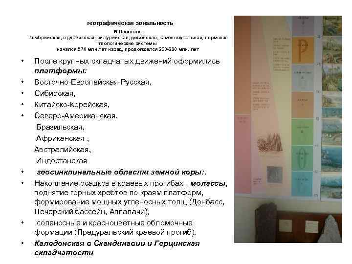  географическая зональность в Палеозое кембрийская, ордовикская, силурийская, девонская, каменноугольная, пермская геологические системы начался