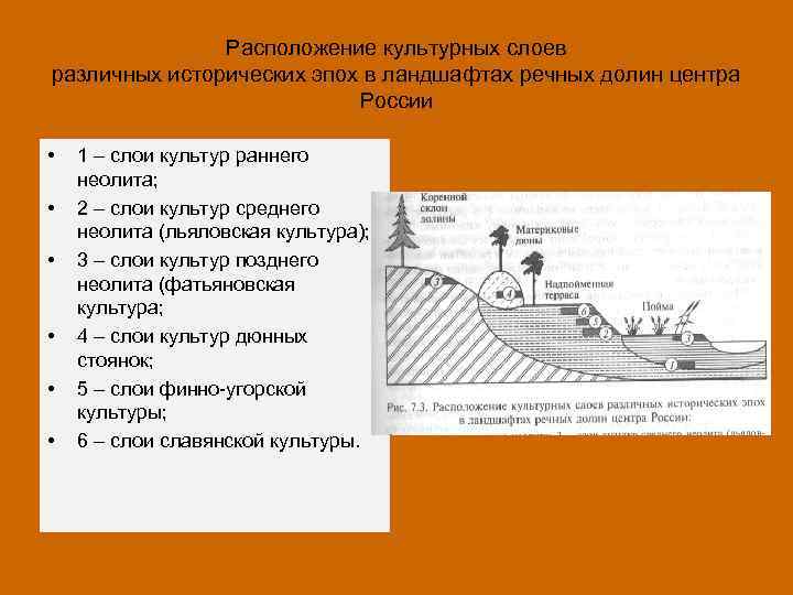 Расположение культурных слоев различных исторических эпох в ландшафтах речных долин центра России • •