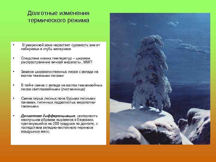 Долготные изменения термического режима • В умеренной зоне нарастает суровость зим от побережья в