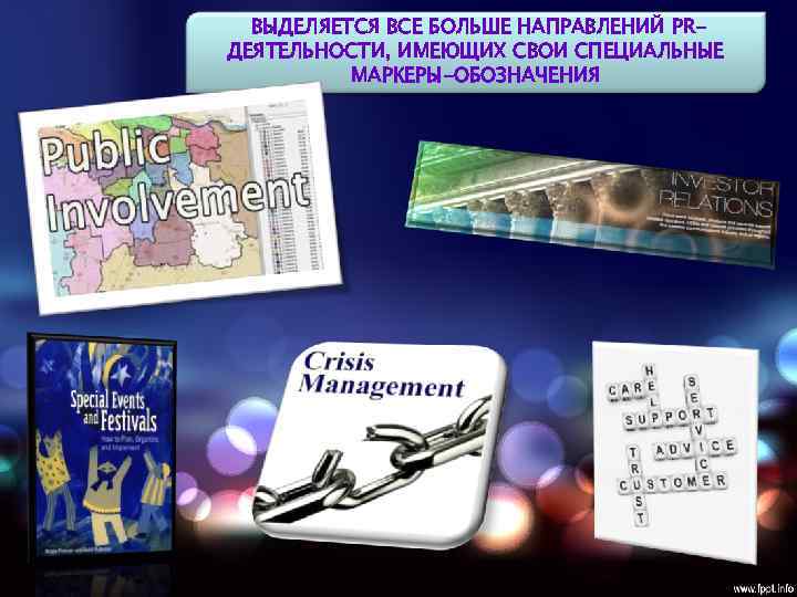 ВЫДЕЛЯЕТСЯ ВСЕ БОЛЬШЕ НАПРАВЛЕНИЙ PRДЕЯТЕЛЬНОСТИ, ИМЕЮЩИХ СВОИ СПЕЦИАЛЬНЫЕ МАРКЕРЫ-ОБОЗНАЧЕНИЯ 