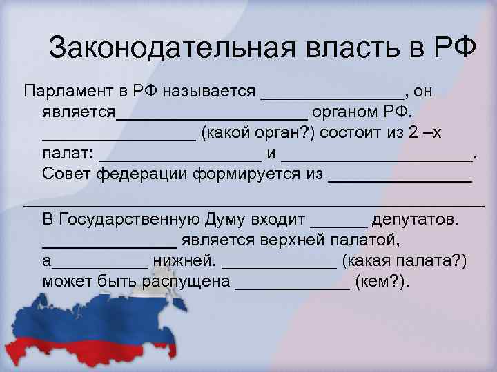 Законодательная власть в РФ Парламент в РФ называется ________, он является__________ органом РФ. ________