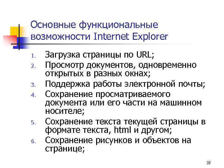 Основные функциональные возможности Internet Explorer 1. 2. 3. 4. 5. 6. Загрузка страницы по