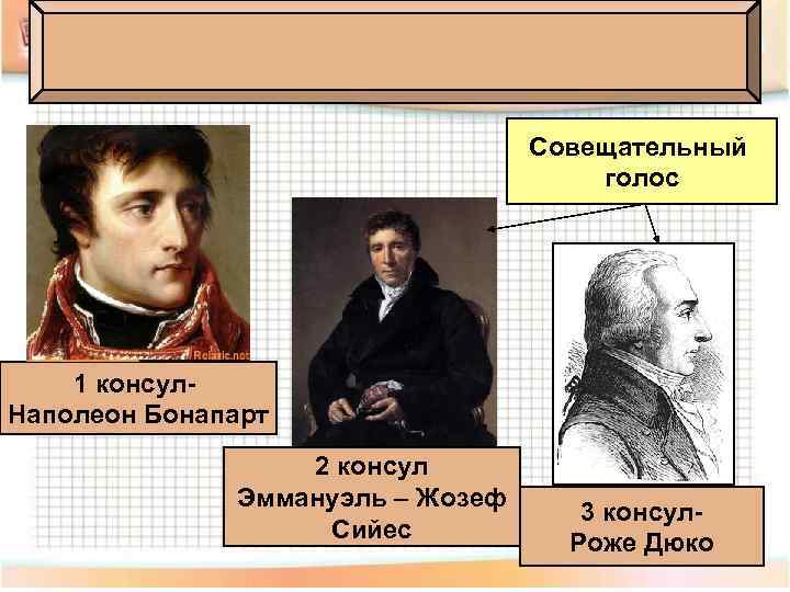 Совещательный голос 1 консул. Наполеон Бонапарт 2 консул Эммануэль – Жозеф Сийес 3 консул.