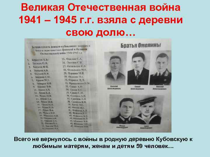 Великая Отечественная война 1941 – 1945 г. г. взяла с деревни свою долю… Всего