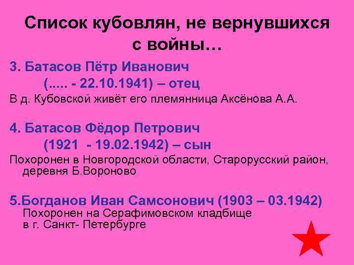 Список кубовлян, не вернувшихся с войны… 3. Батасов Пётр Иванович (. . . -