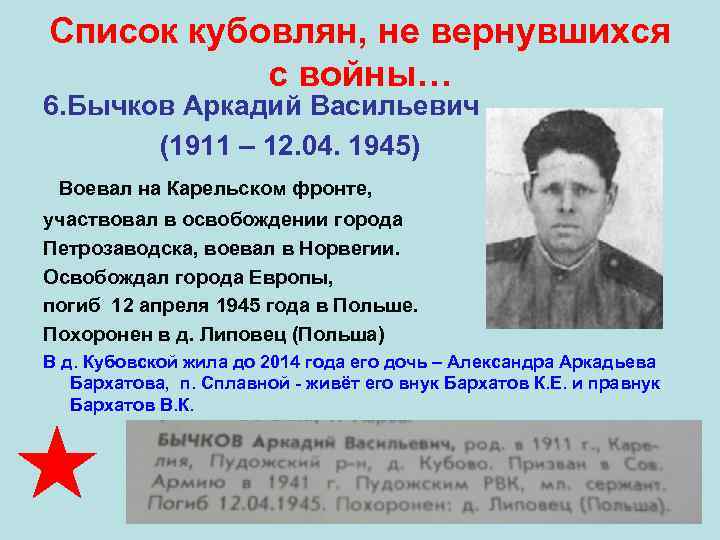 Список кубовлян, не вернувшихся с войны… 6. Бычков Аркадий Васильевич (1911 – 12. 04.