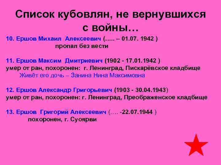 Список кубовлян, не вернувшихся с войны… 10. Ершов Михаил Алексеевич (…. . – 01.