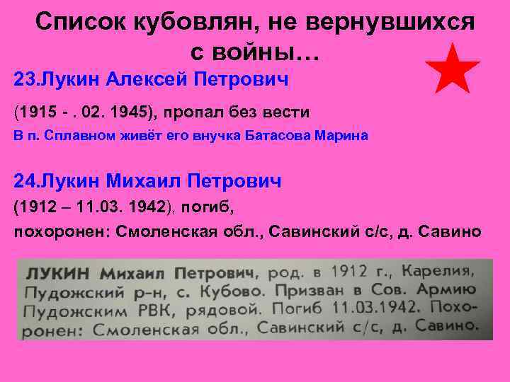 Список кубовлян, не вернувшихся с войны… 23. Лукин Алексей Петрович (1915 -. 02. 1945),