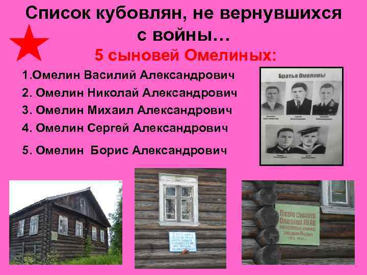 Список кубовлян, не вернувшихся с войны… 5 сыновей Омелиных: 1. Омелин Василий Александрович 2.