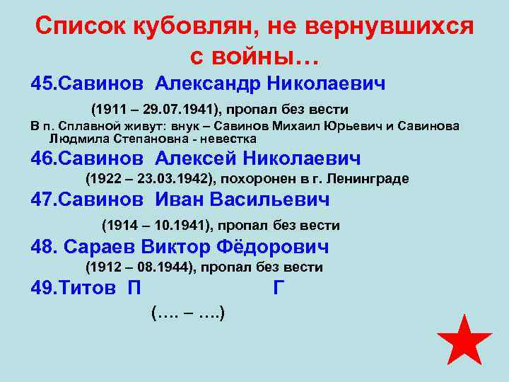 Список кубовлян, не вернувшихся с войны… 45. Савинов Александр Николаевич (1911 – 29. 07.