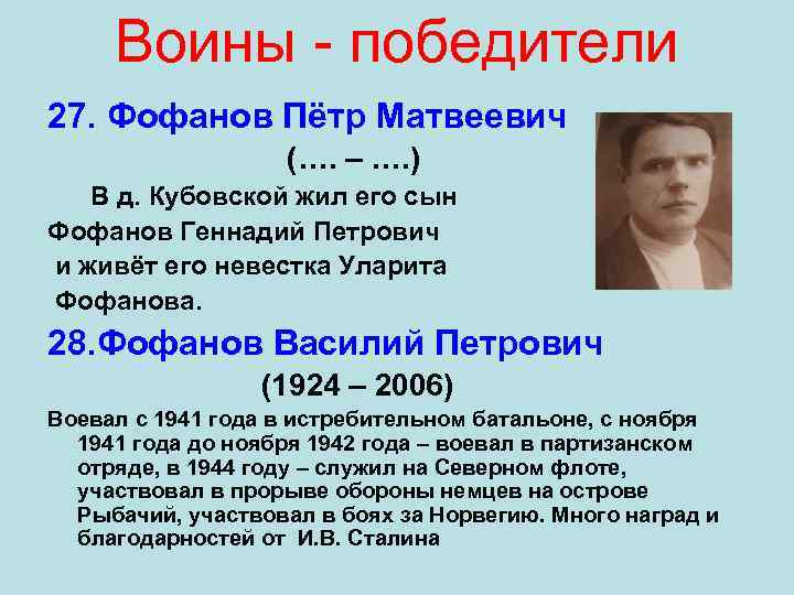Воины - победители 27. Фофанов Пётр Матвеевич (…. – …. ) В д. Кубовской
