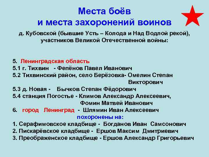 Места боёв и места захоронений воинов д. Кубовской (бывшие Усть – Колода и Над