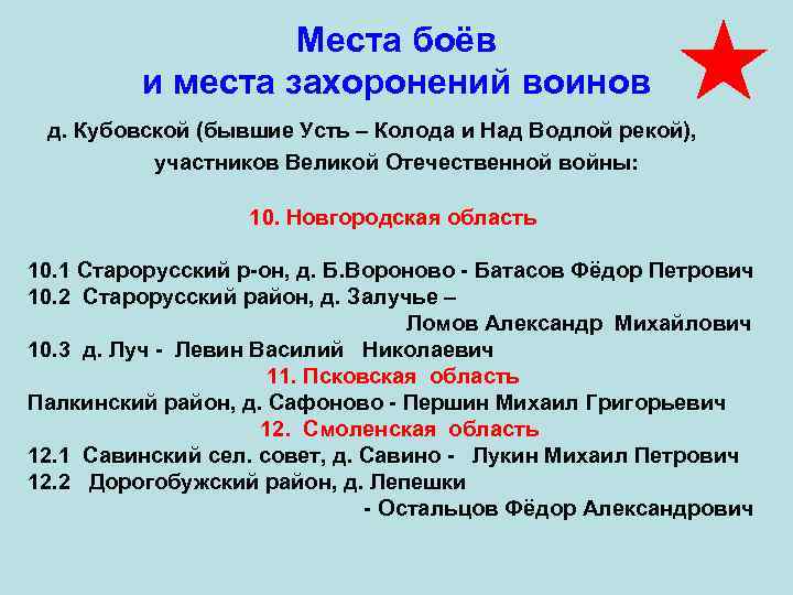 Места боёв и места захоронений воинов д. Кубовской (бывшие Усть – Колода и Над