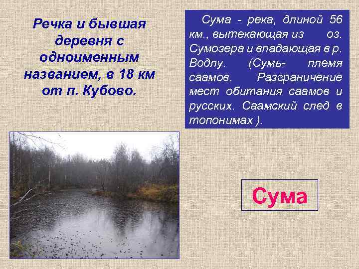 Речка и бывшая Сума - река, длиной 56 км. , вытекающая из оз. Речка и бывшая Сума - река, длиной 56 км. , вытекающая из оз.