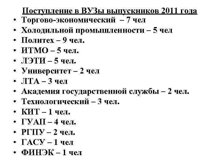  • • • • Поступление в ВУЗы выпускников 2011 года Торгово-экономический – 7