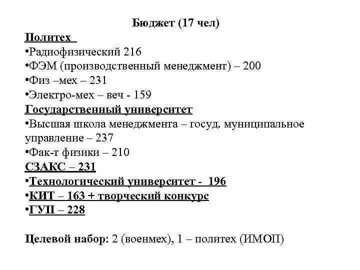 Бюджет (17 чел) Политех • Радиофизический 216 • ФЭМ (производственный менеджмент) – 200 •