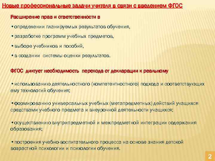 Новые профессиональные задачи учителя в связи с введением ФГОС Расширение прав и ответственности в