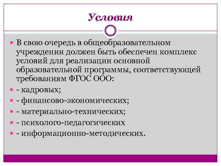 Условия В свою очередь в общеобразовательном учреждении должен быть обеспечен комплекс условий для реализации