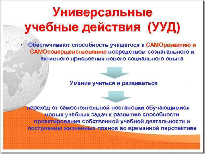 Универсальные учебные действия (УУД) • Обеспечивают способность учащегося к САМОразвитию и САМОсовершенствованию посредством сознательного