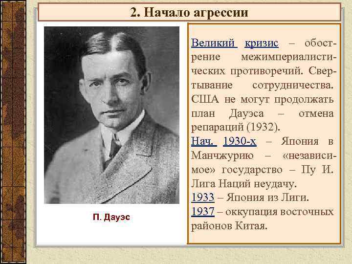 2. Начало агрессии П. Дауэс Великий кризис – обострение межимпериалистических противоречий. Свертывание сотрудничества. США