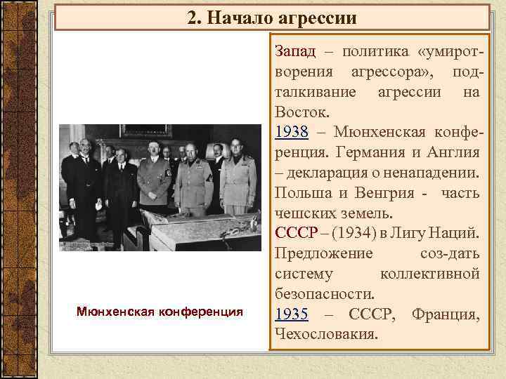 2. Начало агрессии Мюнхенская конференция Запад – политика «умиротворения агрессора» , подталкивание агрессии на