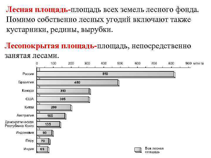 Лесная площадь-площадь всех земель лесного фонда. Помимо собственно лесных угодий включают также кустарники, редины,