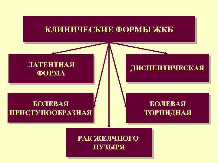 КЛИНИЧЕСКИЕ ФОРМЫ ЖКБ ЛАТЕНТНАЯ ФОРМА ДИСПЕПТИЧЕСКАЯ БОЛЕВАЯ ПРИСТУПООБРАЗНАЯ БОЛЕВАЯ ТОРПИДНАЯ РАК ЖЕЛЧНОГО ПУЗЫРЯ 