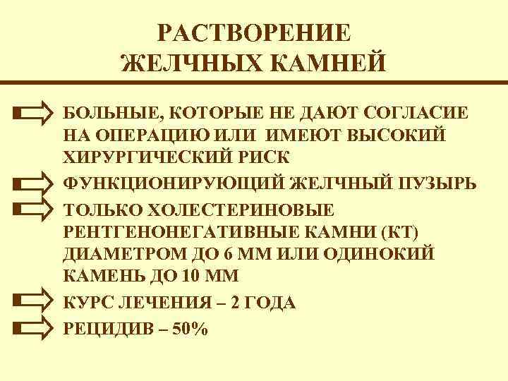 РАСТВОРЕНИЕ ЖЕЛЧНЫХ КАМНЕЙ БОЛЬНЫЕ, КОТОРЫЕ НЕ ДАЮТ СОГЛАСИЕ НА ОПЕРАЦИЮ ИЛИ ИМЕЮТ ВЫСОКИЙ ХИРУРГИЧЕСКИЙ