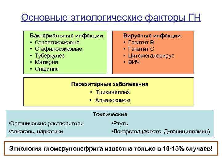 Основные этиологические факторы ГН Бактериальные инфекции: • Стрептококковые • Стафилококковые • Туберкулез • Малярия