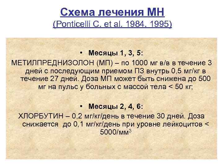 Схема лечения МН (Ponticelli C. et al. 1984, 1995) • Месяцы 1, 3, 5: