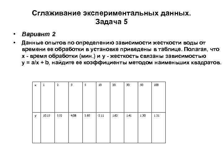 Сглаживание экспериментальных данных. Задача 5 • Вариант 2 • Данные опытов по определению зависимости