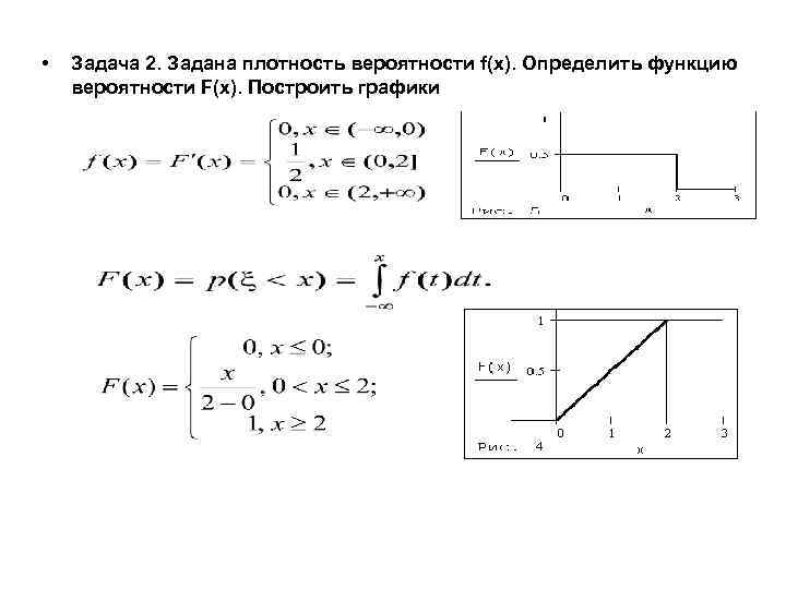  • Задача 2. Задана плотность вероятности f(x). Определить функцию вероятности F(x). Построить графики
