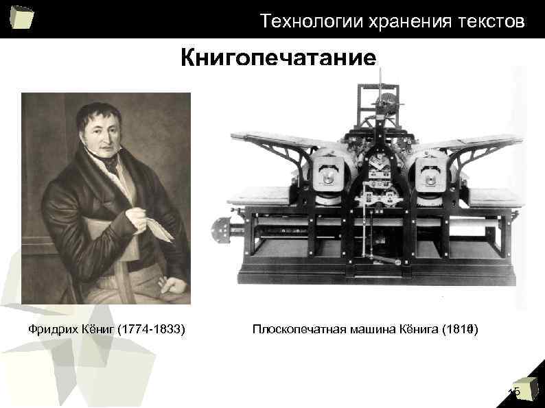 Технологии хранения текстов Книгопечатание Фридрих Кёниг (1774 -1833) Плоскопечатная машина Кёнига (1810) (1814) 15