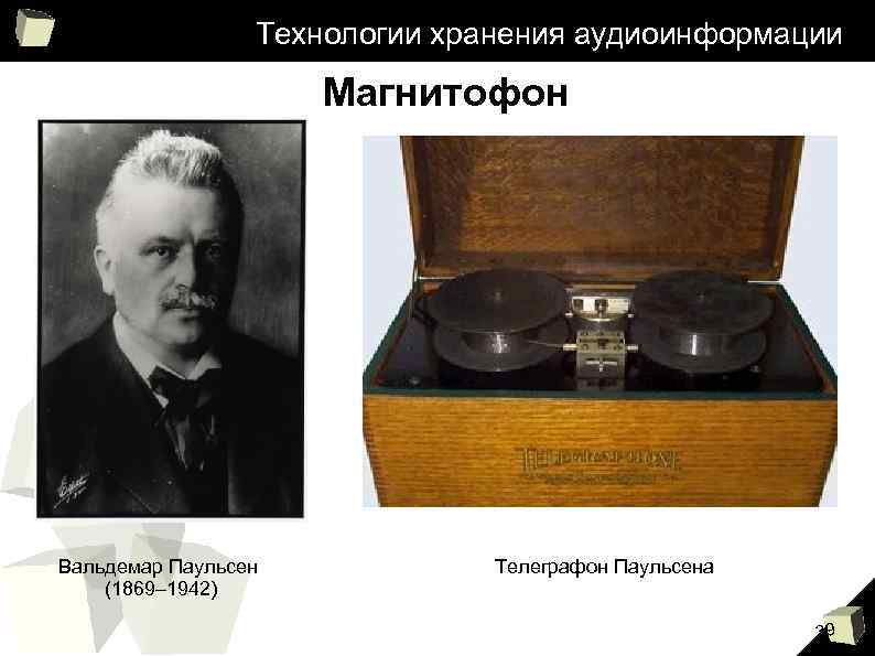Технологии хранения аудиоинформации Магнитофон Вальдемар Паульсен (1869– 1942) Телеграфон Паульсена 39 