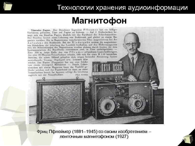 Технологии хранения аудиоинформации Магнитофон Фриц Пфлеймер (1881– 1945) со своим изобретением – ленточным магнитофоном