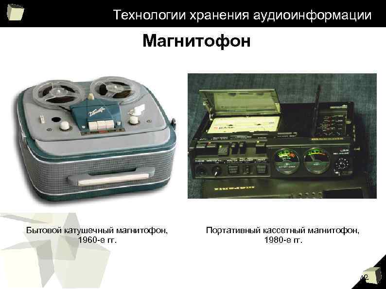 Технологии хранения аудиоинформации Магнитофон Бытовой катушечный магнитофон, 1960 -е гг. Портативный кассетный магнитофон, 1980