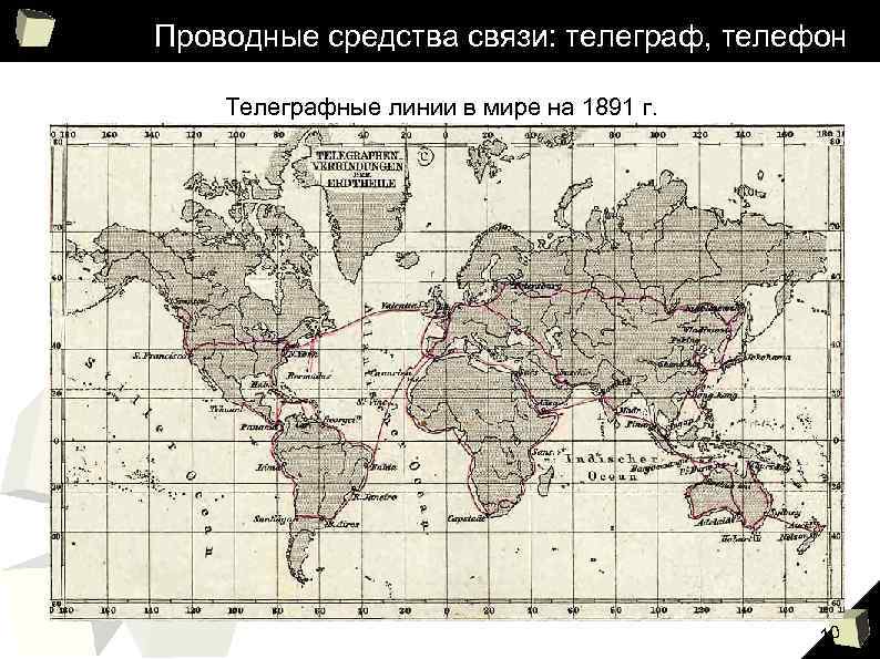 Проводные средства связи: телеграф, телефон Телеграфные линии в мире на 1891 г. 10 