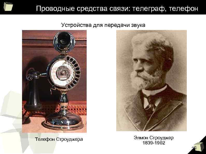 Проводные средства связи: телеграф, телефон Устройства для передачи звука Телефон Строуджера Элмон Строуджер 1839