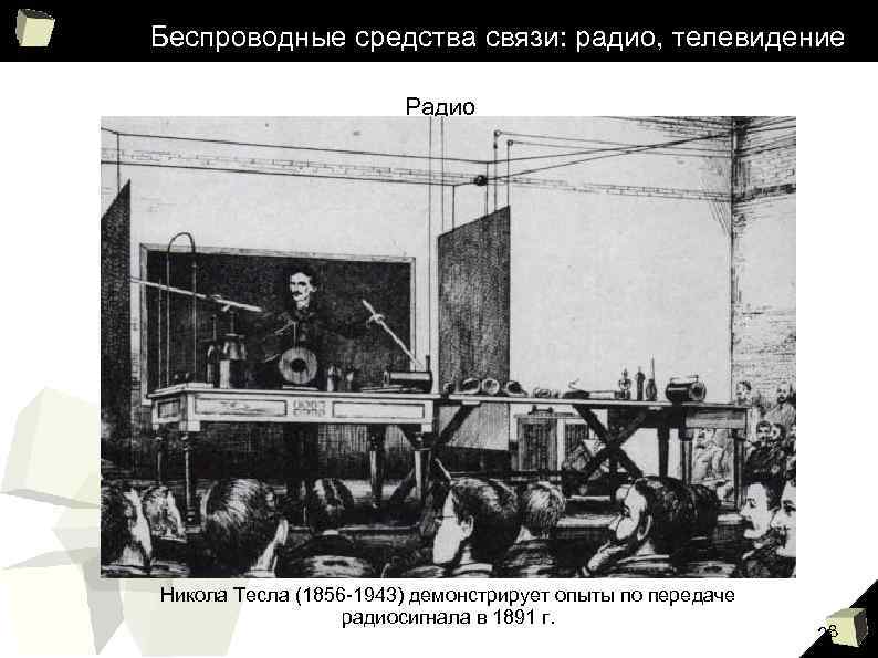 Беспроводные средства связи: радио, телевидение Радио Никола Тесла (1856 -1943) демонстрирует опыты по передаче