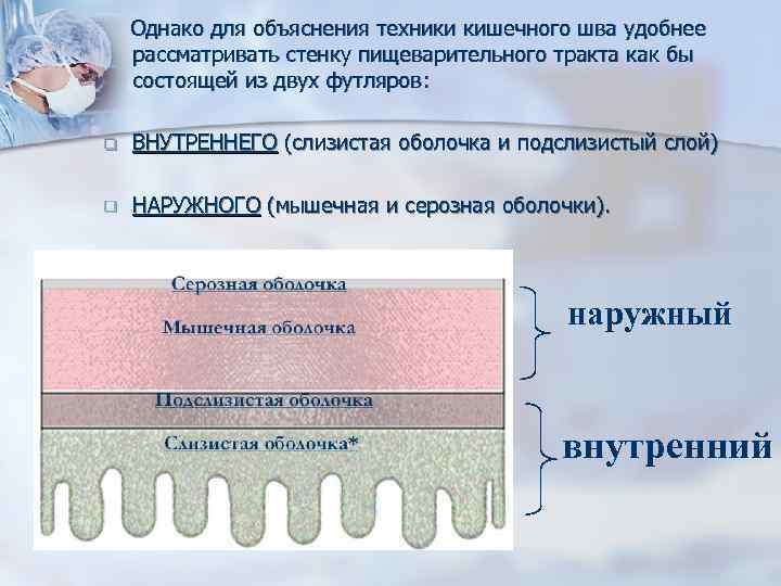  Однако для объяснения техники кишечного шва удобнее рассматривать стенку пищеварительного тракта как бы