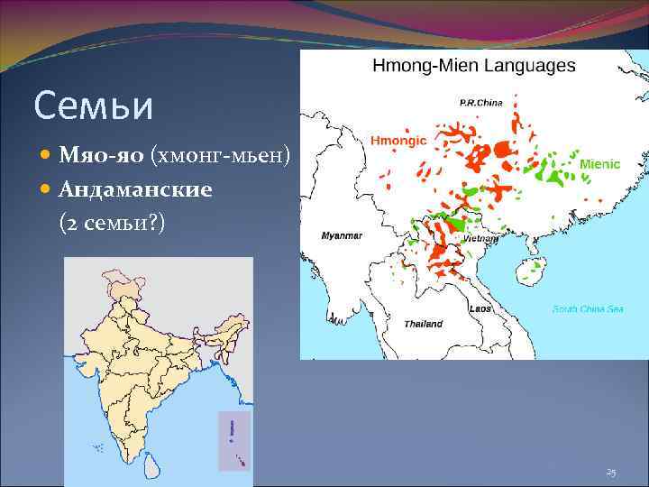 Семьи Мяо-яо (хмонг-мьен) Андаманские (2 семьи? ) 25 