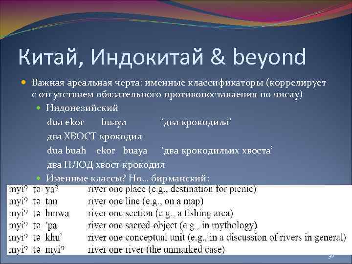 Китай, Индокитай & beyond Важная ареальная черта: именные классификаторы (коррелирует с отсутствием обязательного противопоставления