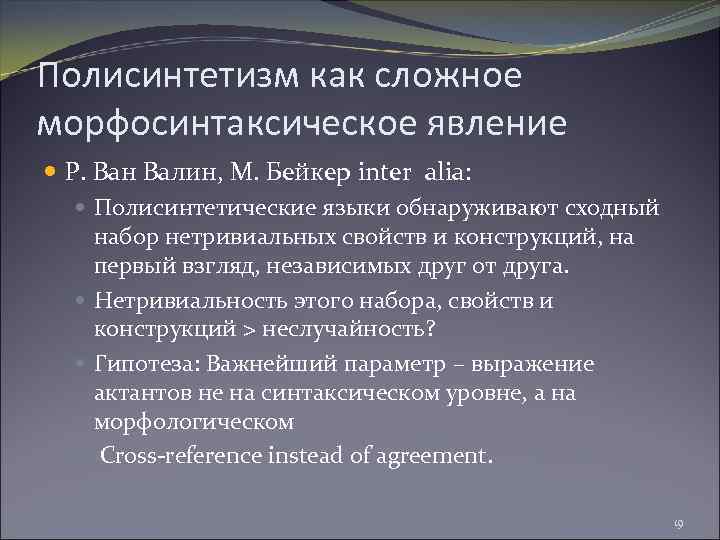 Полисинтетизм как сложное морфосинтаксическое явление Р. Ван Валин, М. Бейкер inter alia: Полисинтетические языки