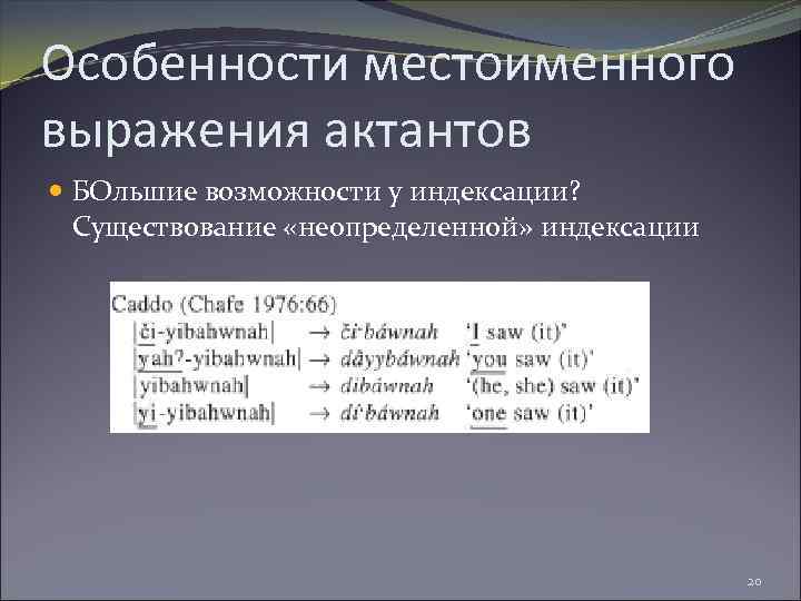 Особенности местоименного выражения актантов БОльшие возможности у индексации? Существование «неопределенной» индексации 20 
